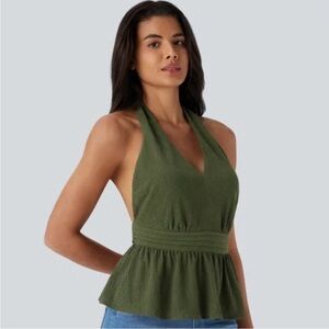NEW Halara Tie Back Halter Ruffle Hem Tank Top Large Cypress Green
